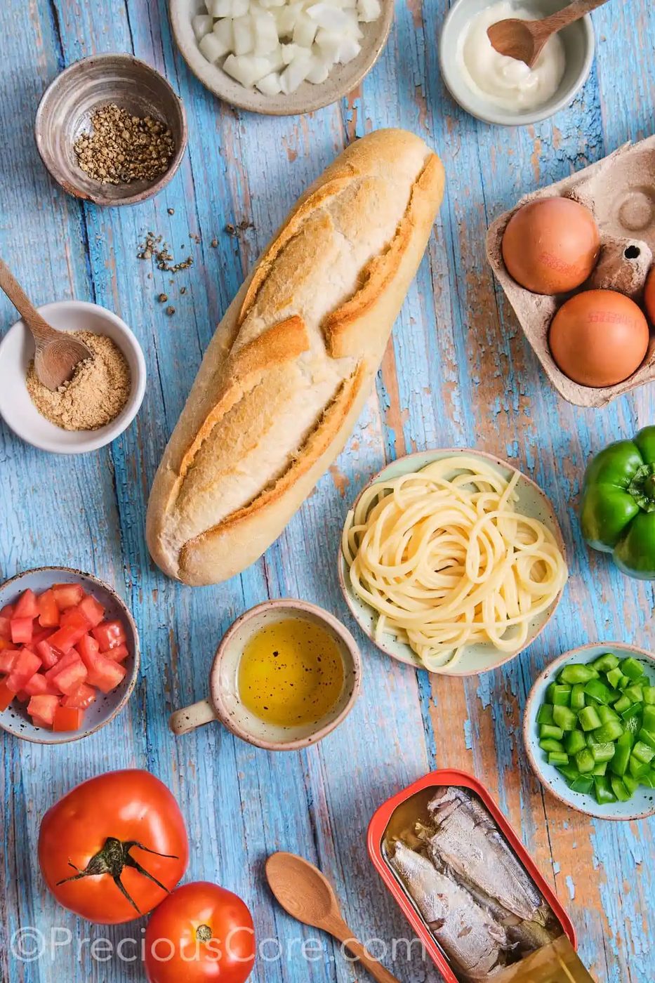 Ingredients for homemade spaghetti omelette sandwich.