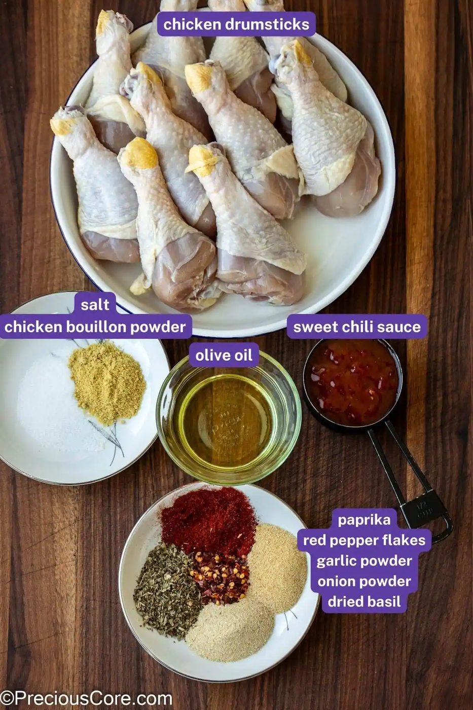 Ingredients needed to make chicken lollipops with drumsticks.