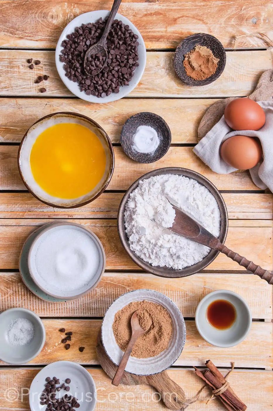 ingredients for the cinnamon chocolate chip cookies.