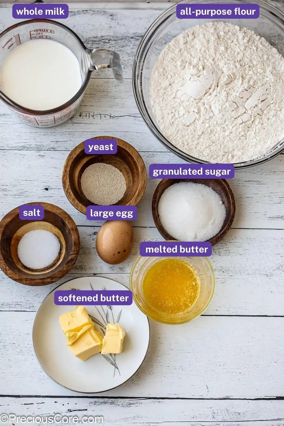 Cinnamon roll dough ingredients.