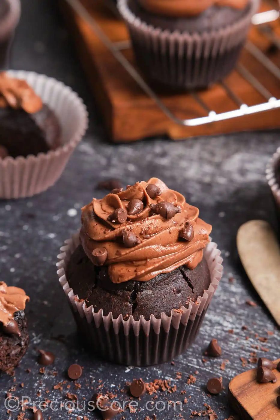Wide shot showing the scene for making easy chocolate cupcakes.