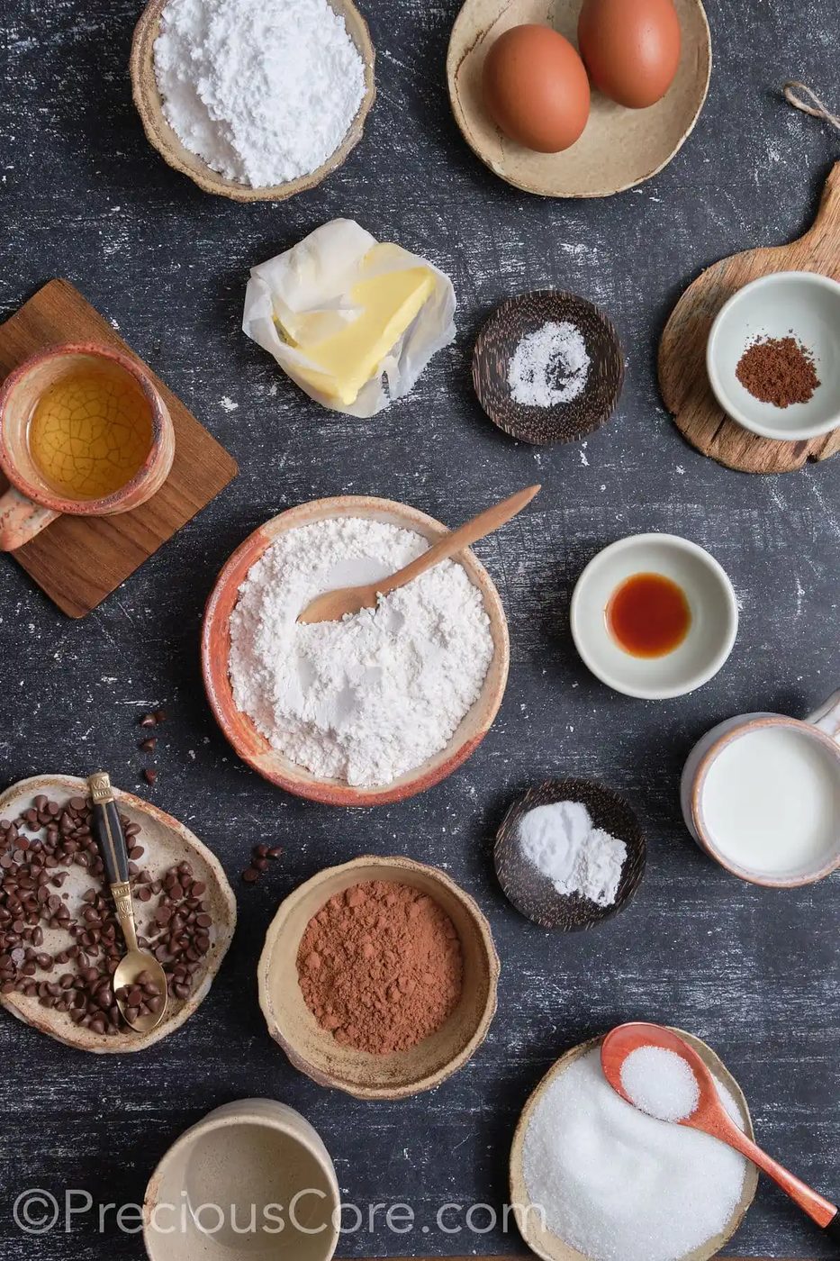Ingredients for easy moist chocolate cupcakes.