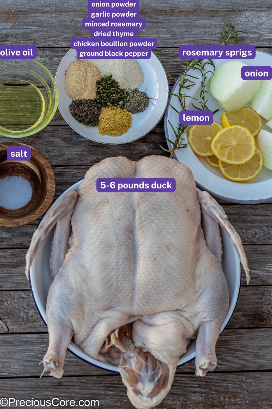 Herb Roasted Duck ingredients with labels.