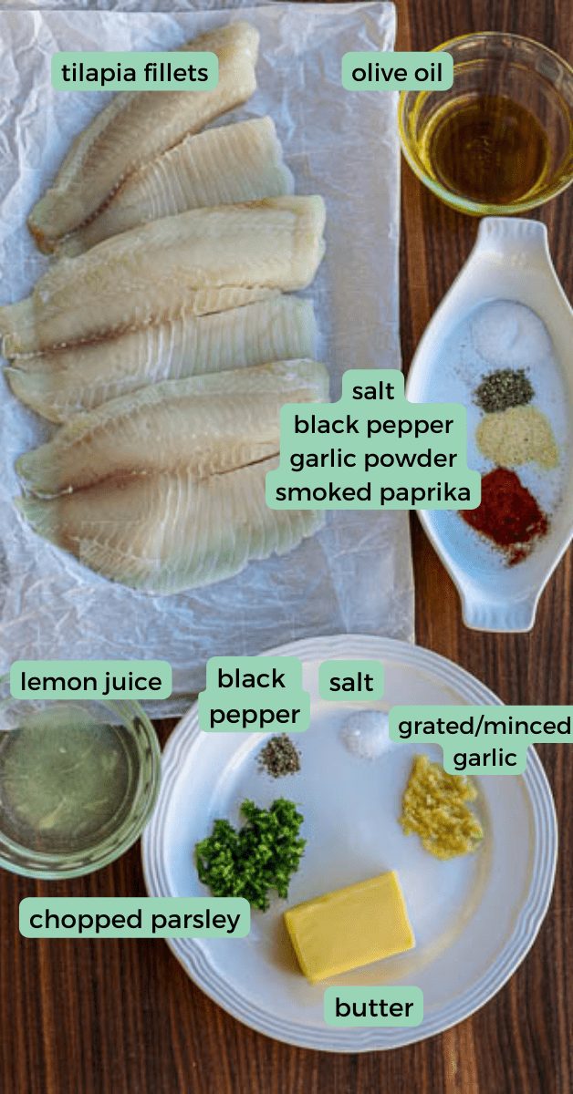 Ingredients for tilapia with lemon butter on table.