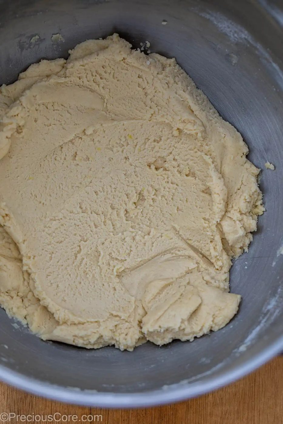 Shortbread cookie dough in a bowl.