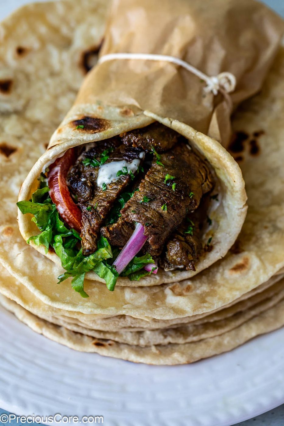 Freshly made beef shawarma wrap.