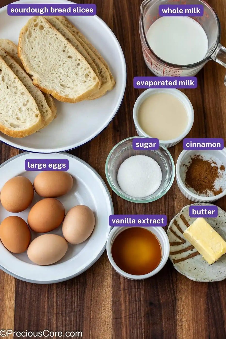Measured out ingredients for Sourdough French Toast.