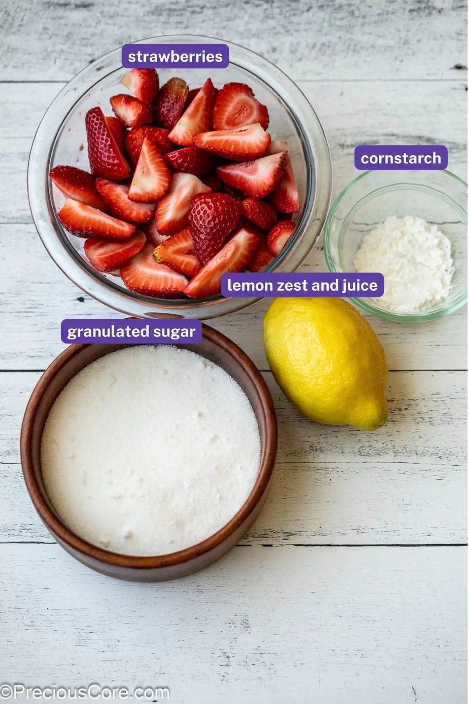 Ingredients needed for strawberry compote.