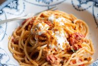 Roasted Cherry Tomato Spaghetti with Burrata and Spicy Nduja