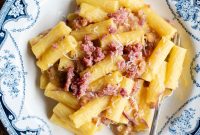 Saffron Potato and Sausage Pasta with Creamy Garlic Sauce
