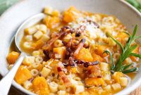 Creamy Butternut Squash Pasta Soup with Crispy Pancetta
