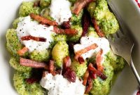 Arugula Pesto Gnocchi with Burrata and Crispy Pancetta
