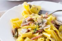 Speck and Mushroom Pappardelle with Creamy Parmesan Sauce