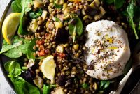 Hearty Lentil Salad with Roasted Eggplant and Burrata