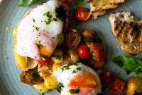 Poached Egg and Sautéed Tomato Breakfast Crostini