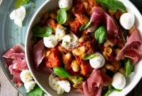 Warm White Bean Salad with Tomato, Prosciutto & Baby Mozzarella