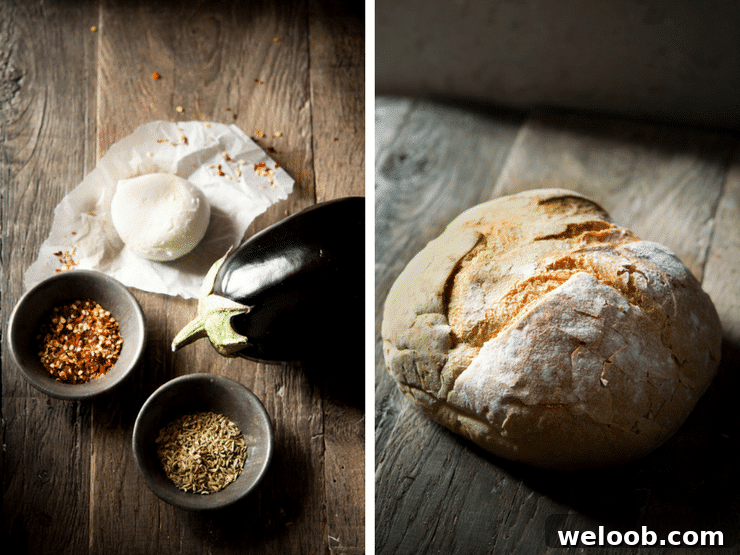 Two photos one of eggplant, mozzarella, red pepper flakes and fennel seeds laid out on a wooden surface. The next is a loaf of crusty bread on a wooden surface. Eggplant bruschetta with mozzarella