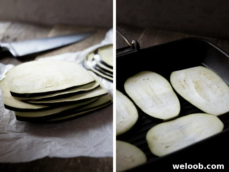 Sliced eggplant stacked up on top of kitchen paper and then laid out on a griddle pan. Eggplant bruschetta with mozzarella