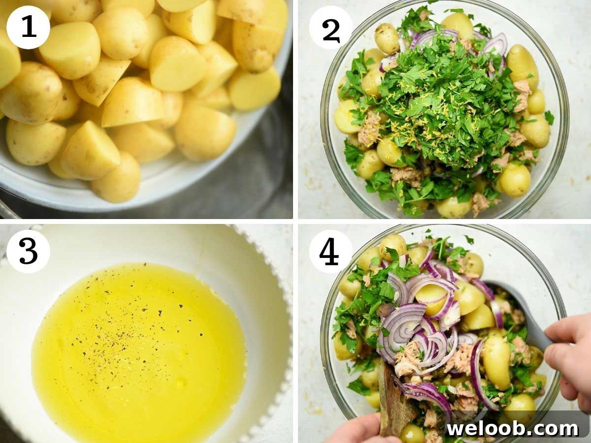 Step by step photos showing how to make a tuna potato salad