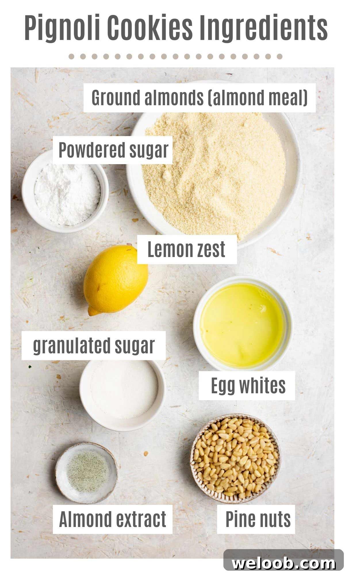 An overhead shot of all the ingredients you need to make Pignoli cookies