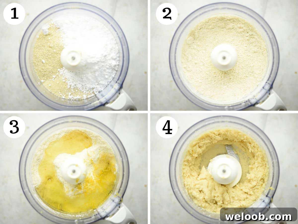 Step by step photos showing how to blitz cookie batter in a food processor