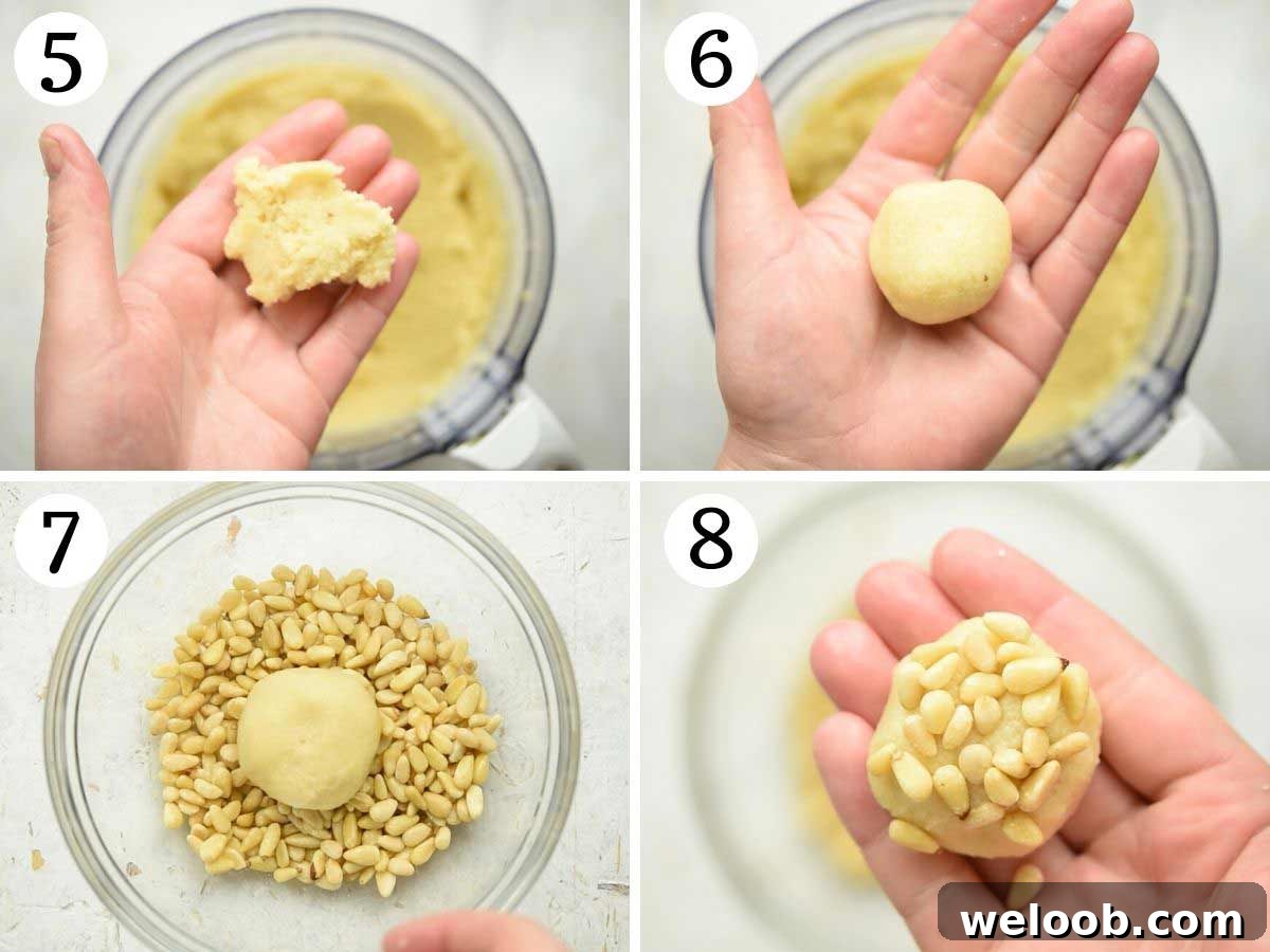 Step by step photos showing how to roll and shape Pignoli cookies