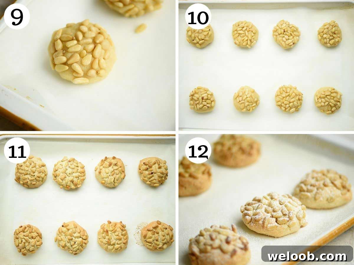 Step by step photos showing Pignoli cookies before and after baking
