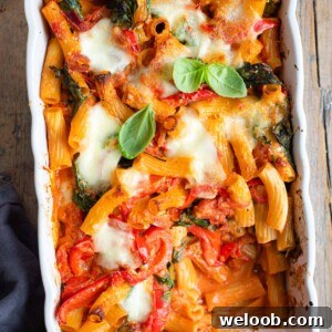 An overhead shot of vegetarian baked ziti in a casserole dish