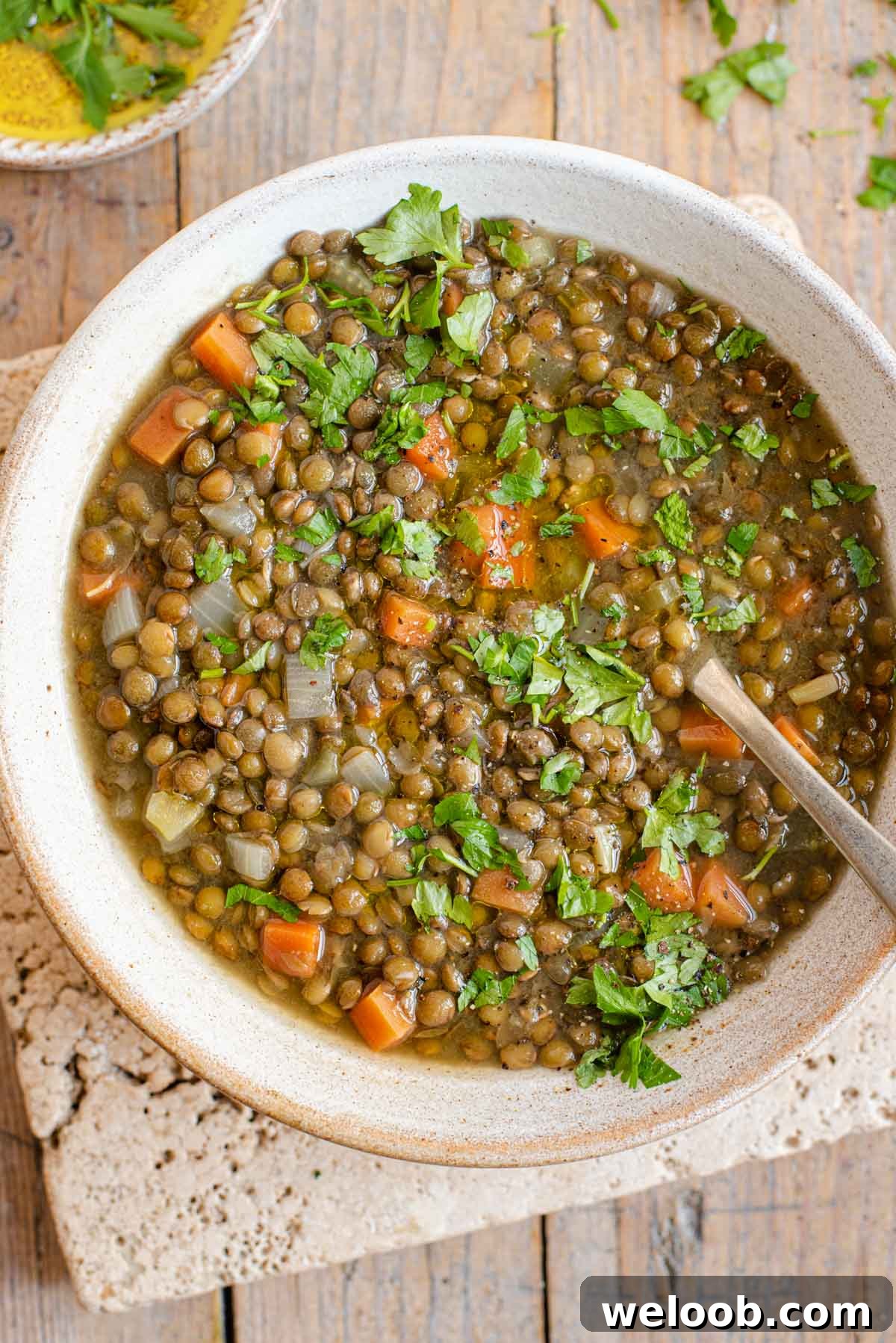 An overhead shot of Italian lentil soup in a bowl