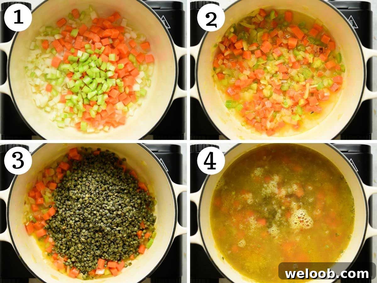 Step by step photos showing how to make Italian lentil soup