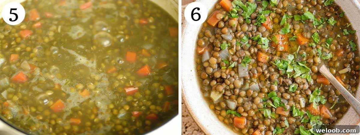 Two photos showing lentil soup after cooking