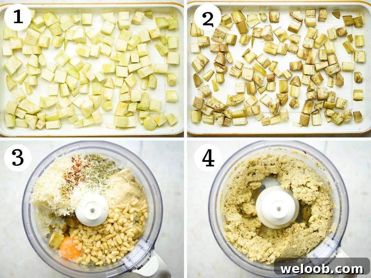Step by step photos showing how to roast eggplant and blend it with other meatball ingredients