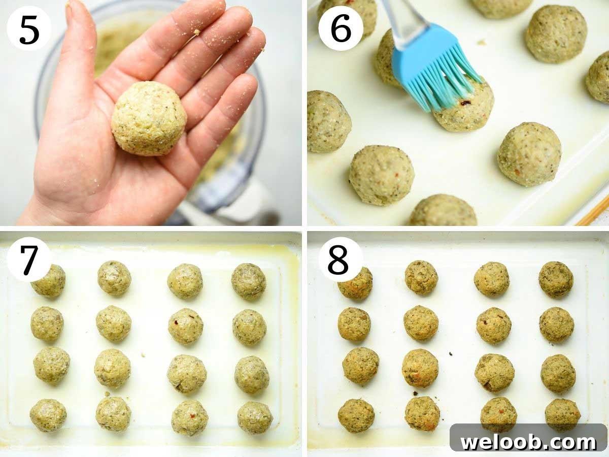 Step by step photos showing how to roll eggplant meatballs