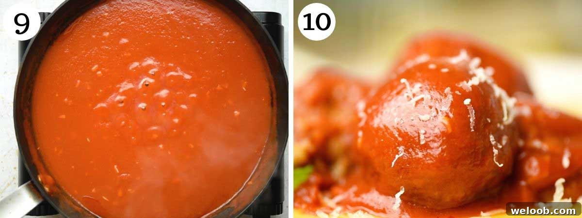 Step by step photos showing how to make a tomato sauce for eggplant meatballs