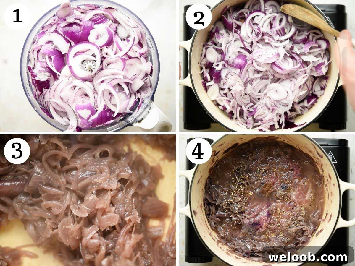 Step by step photos showing how to make slowly cook red onions