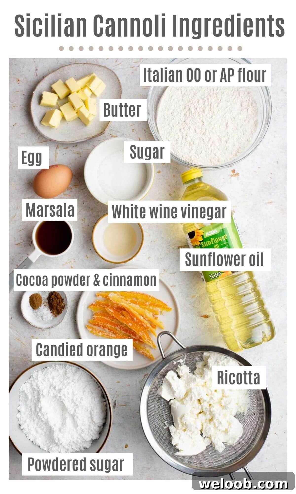 An overhead shot of all the ingredients you need to make homemade cannoli