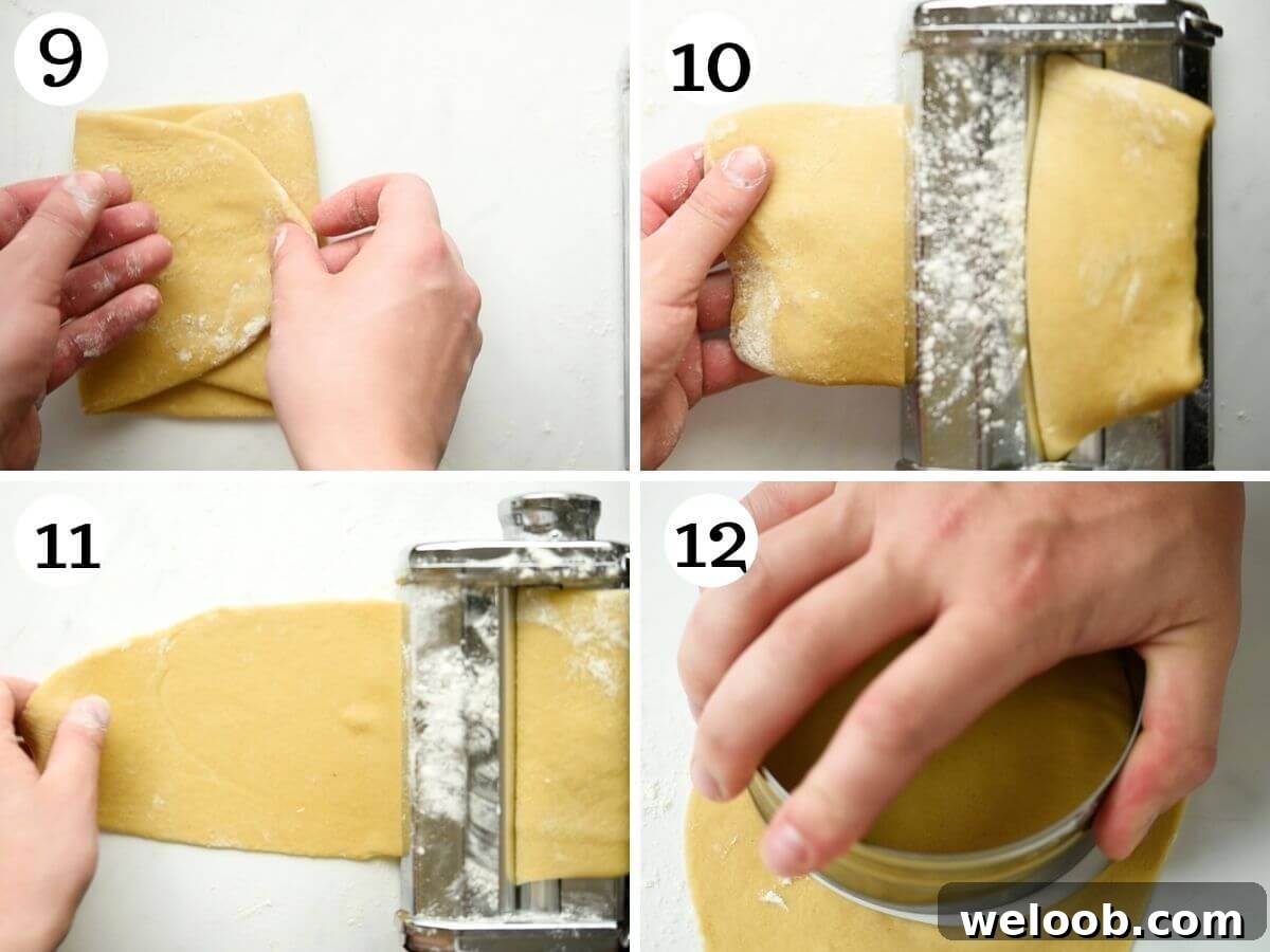 Step by step photos showing how to roll out cannoli dough with a pasta machine
