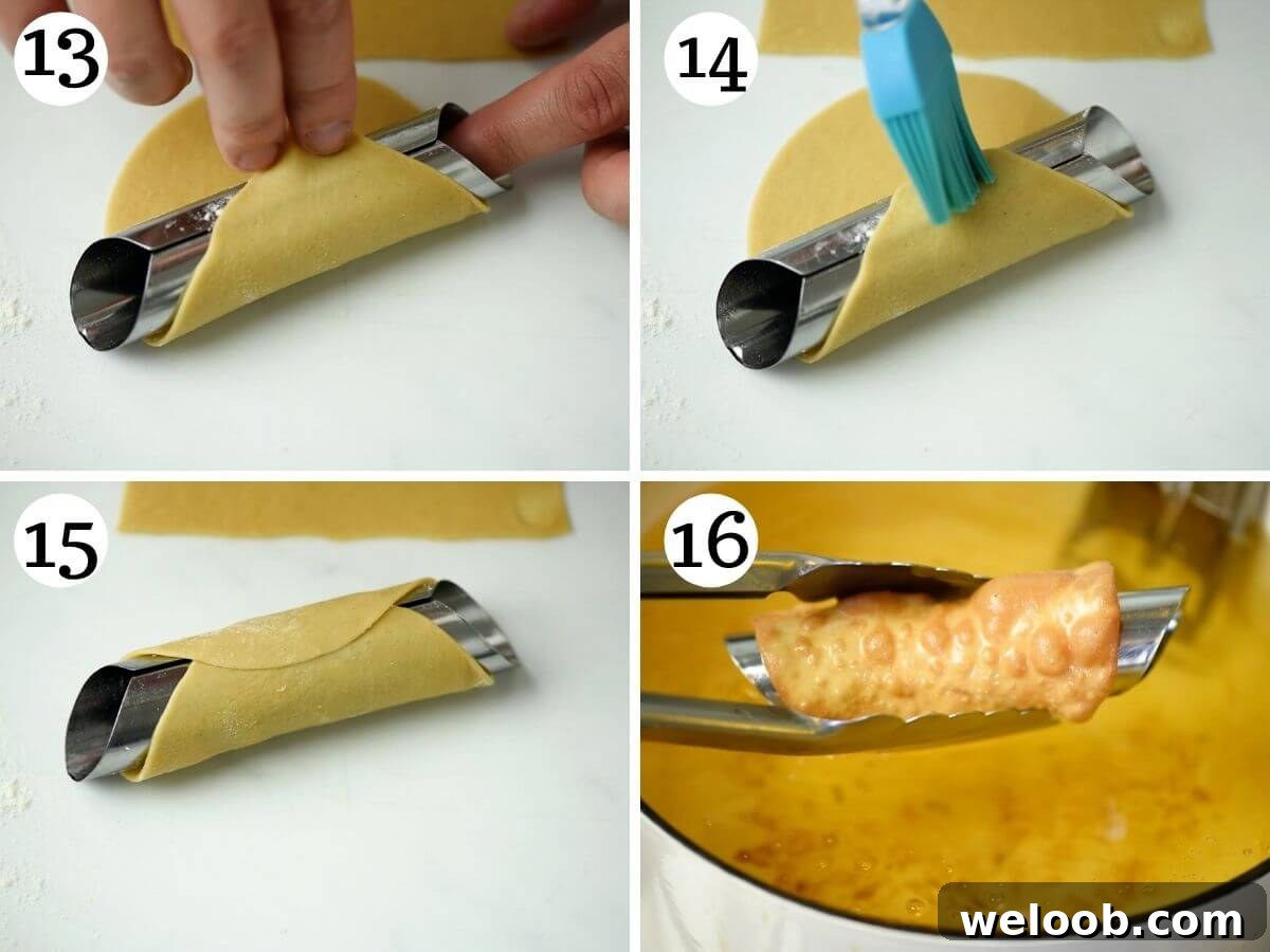 Step by step photos showing how to shape and fry cannoli shells