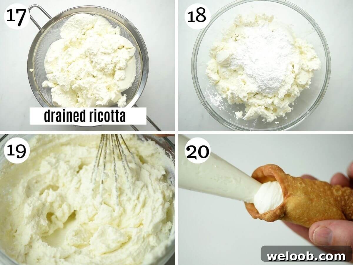 Step by step photos showing how to make cannoli filling and pipe it into the shells