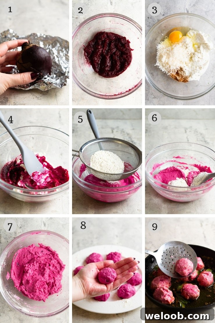 Step by step photos for making beetroot ricotta gnudi