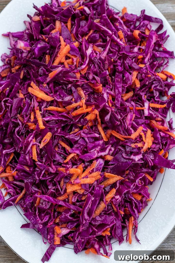 Close shot of purple cabbage slaw with carrots