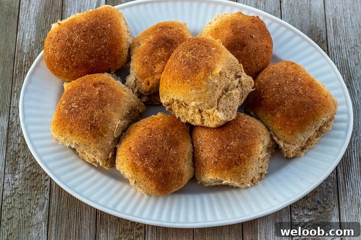 Whole wheat rolls on a white serving platter.