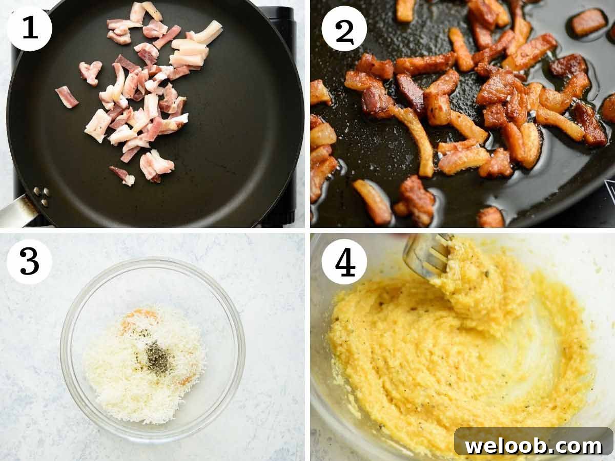 Step by step photos showing how to fry guanciale and make an egg mixture for carbonara