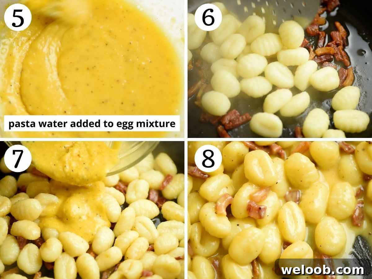 Step by step photos showing how to cook gnocchi carbonara