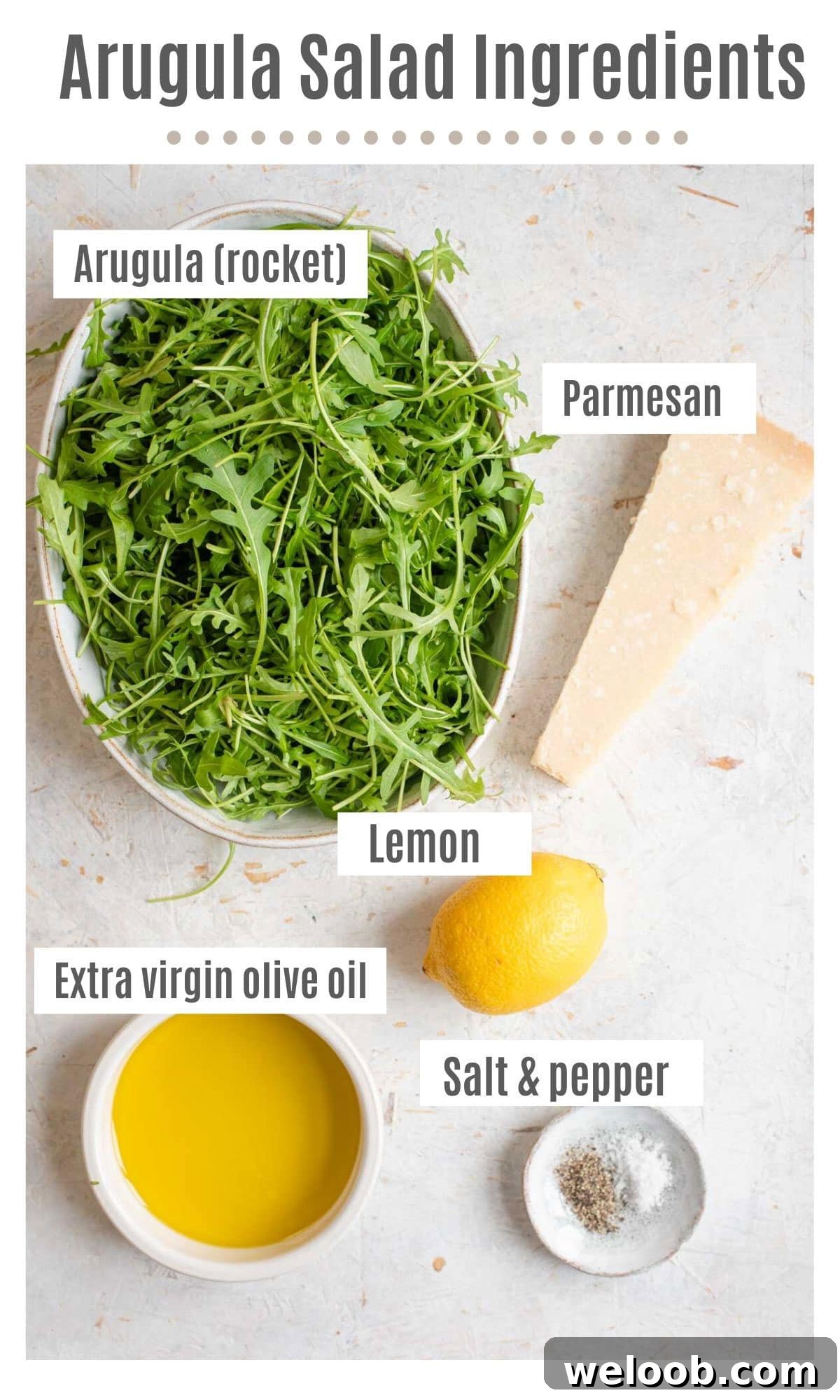 An overhead shot of all the ingredients you need to make an arugula salad