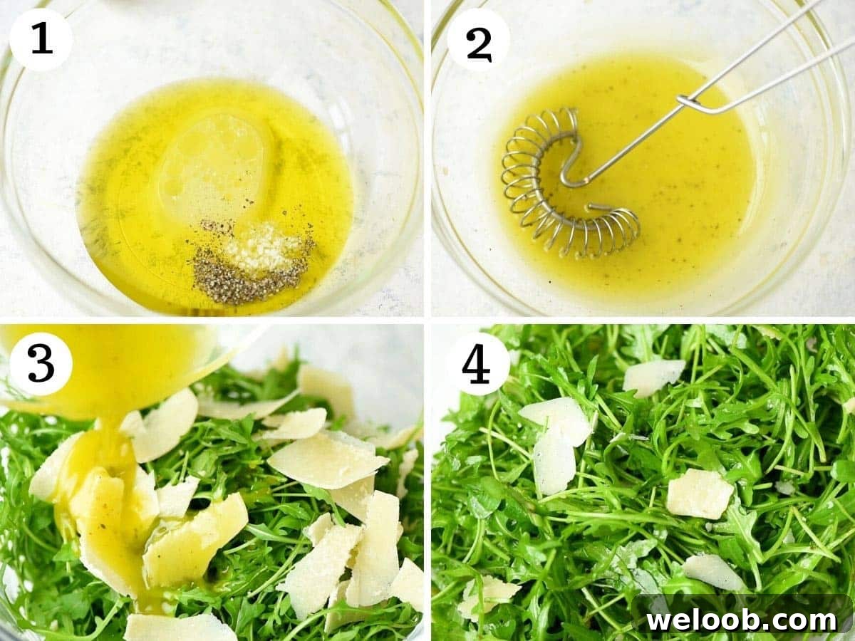 Step by step photos showing how to make an arugula salad