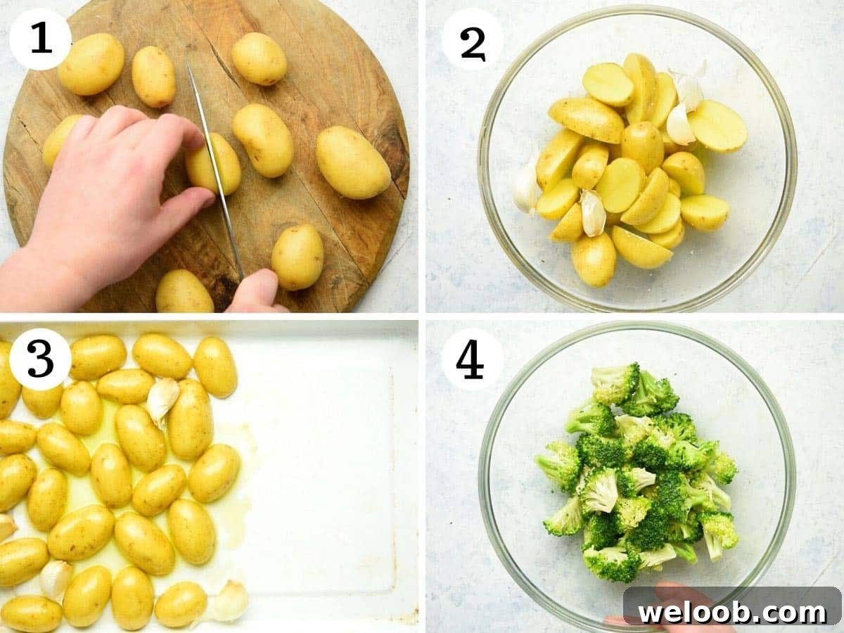 Step by step photos showing how to prepare potatoes and broccoli for roasting