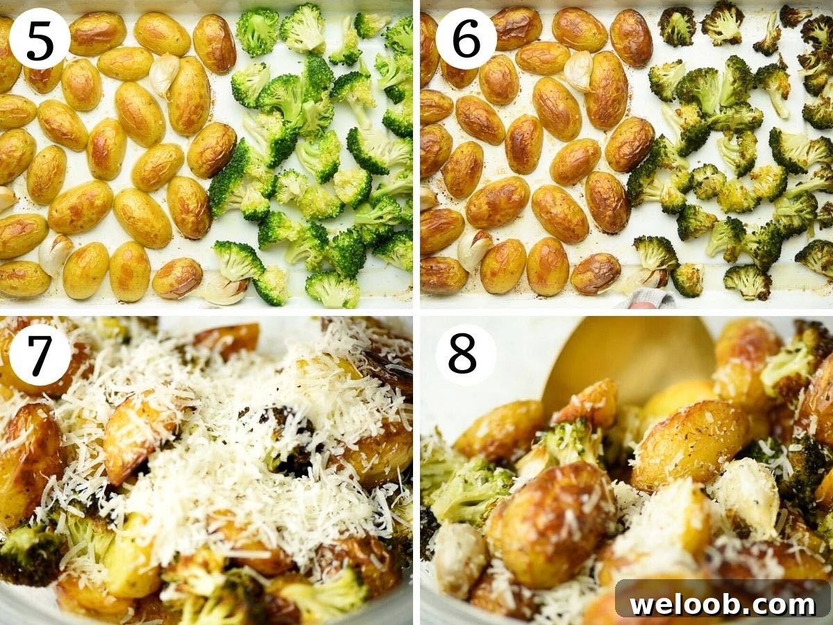 Step by step photos showing how to roast potatoes and broccoli