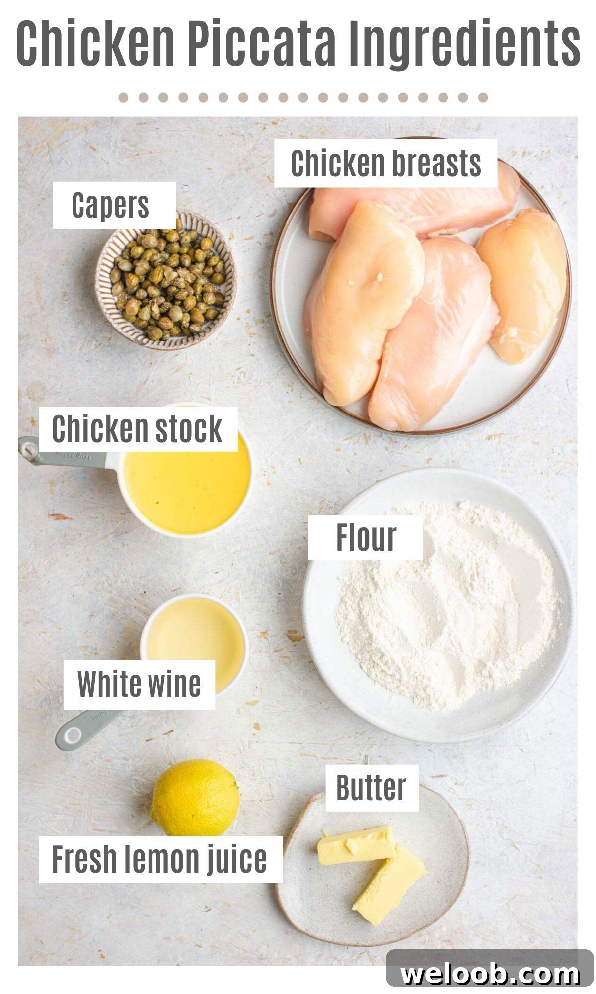 An overhead shot of all the ingredients you need to make Chicken Piccata