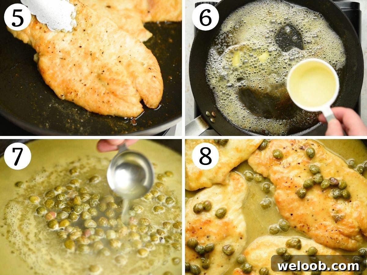 Step by step photos showing how to make chicken piccata with lemon and capers
